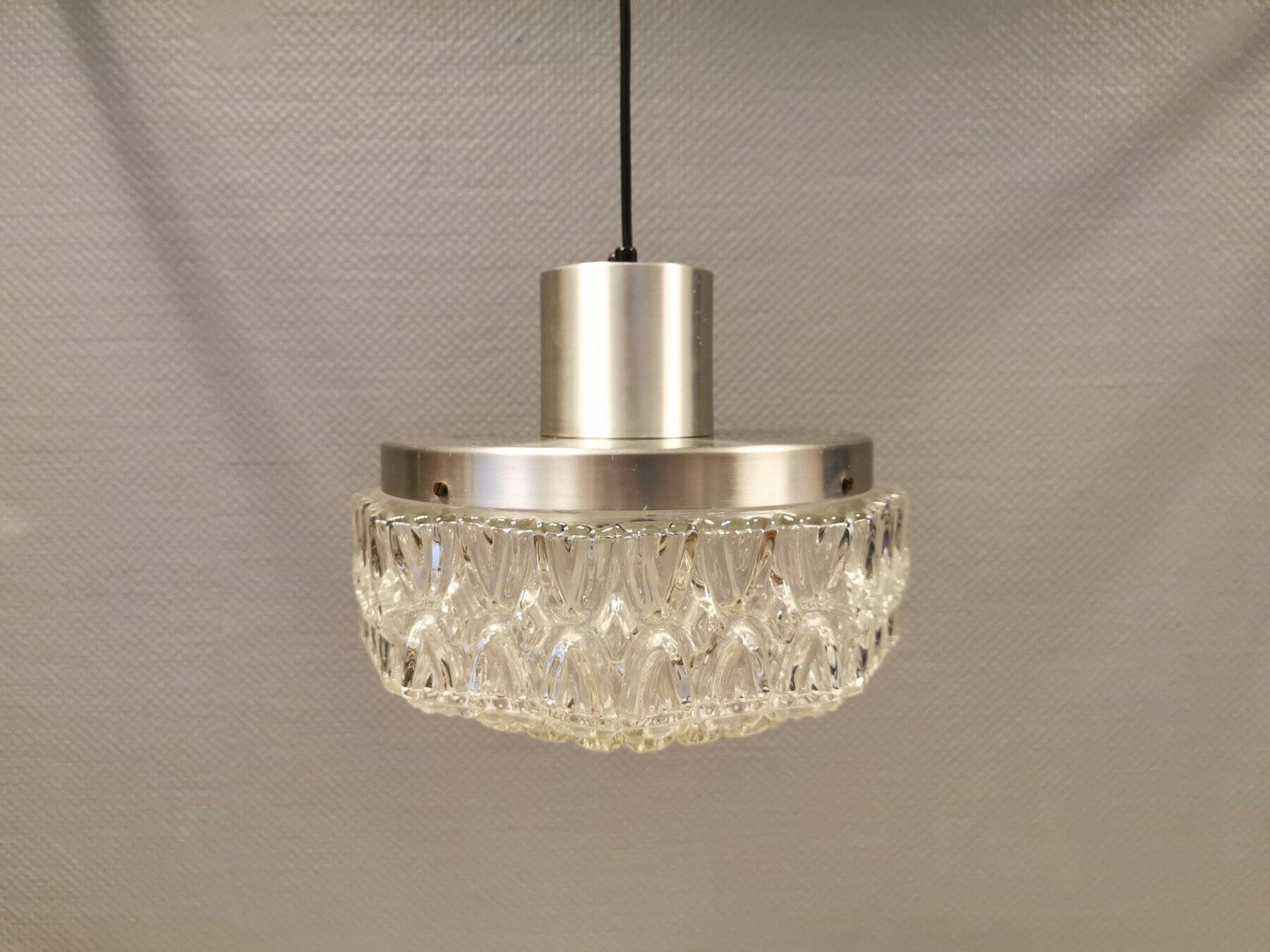 Beautiful hanging lamp in aluminium and hard-pressed crystal glass, probably Swedish