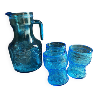 Carafe and 3 blue glasses Fidenza Vetraria Italy vintage 1950s