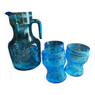 Carafe et 3 verres bleus Fidenza Vetraria Italy vintage années 1950