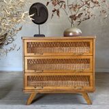 Vintage oak and rattan chest of drawers