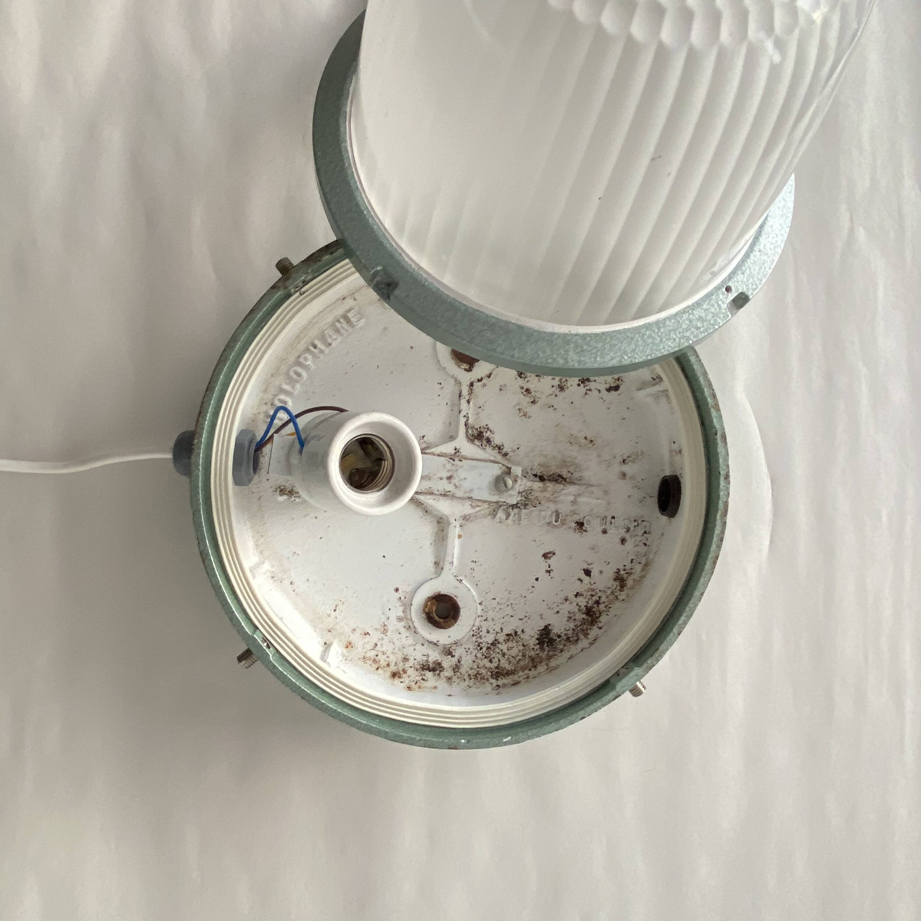 Large porthole wall light Holophane CE 200 glass and cast iron