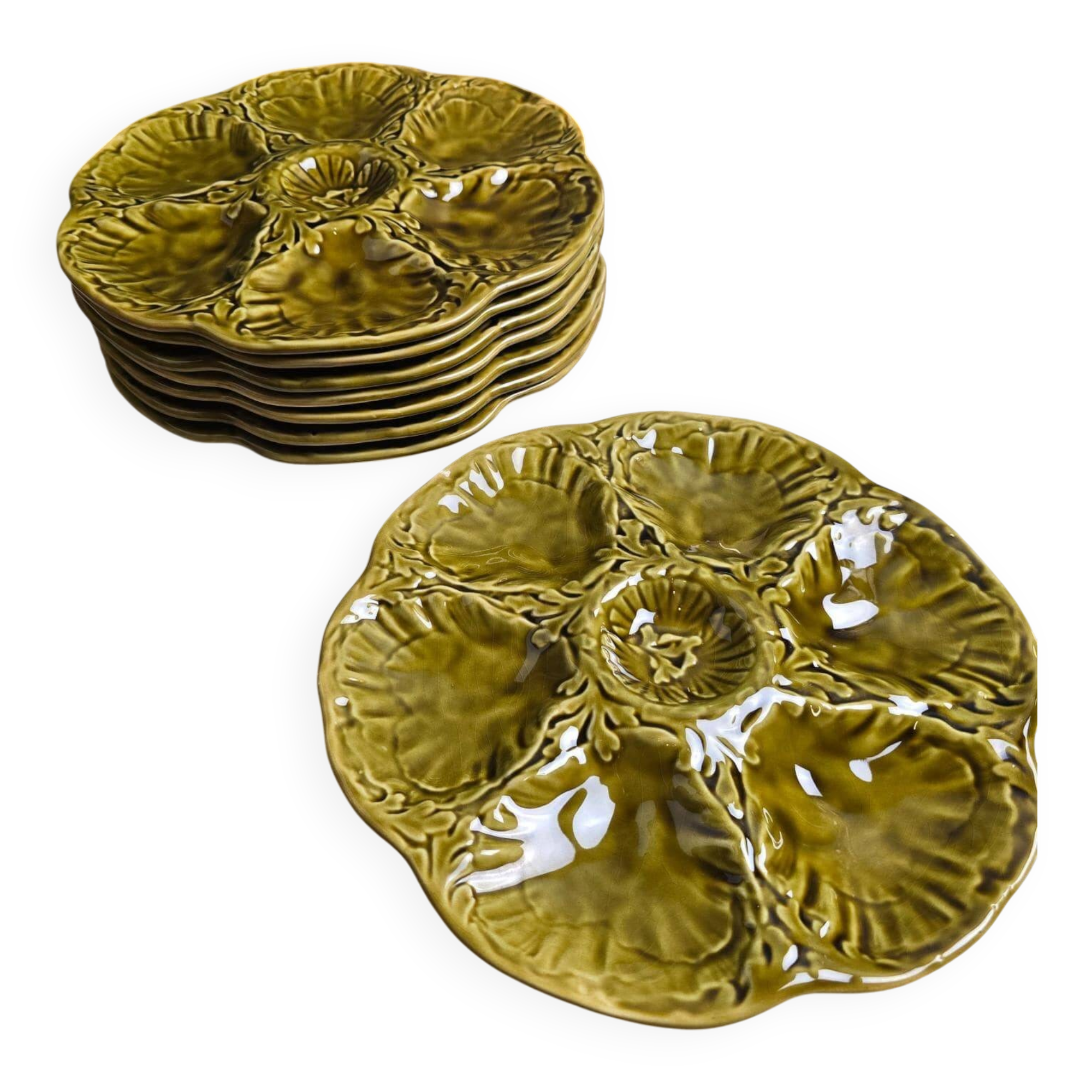 Set of 8 Gien oyster plates – Olive green