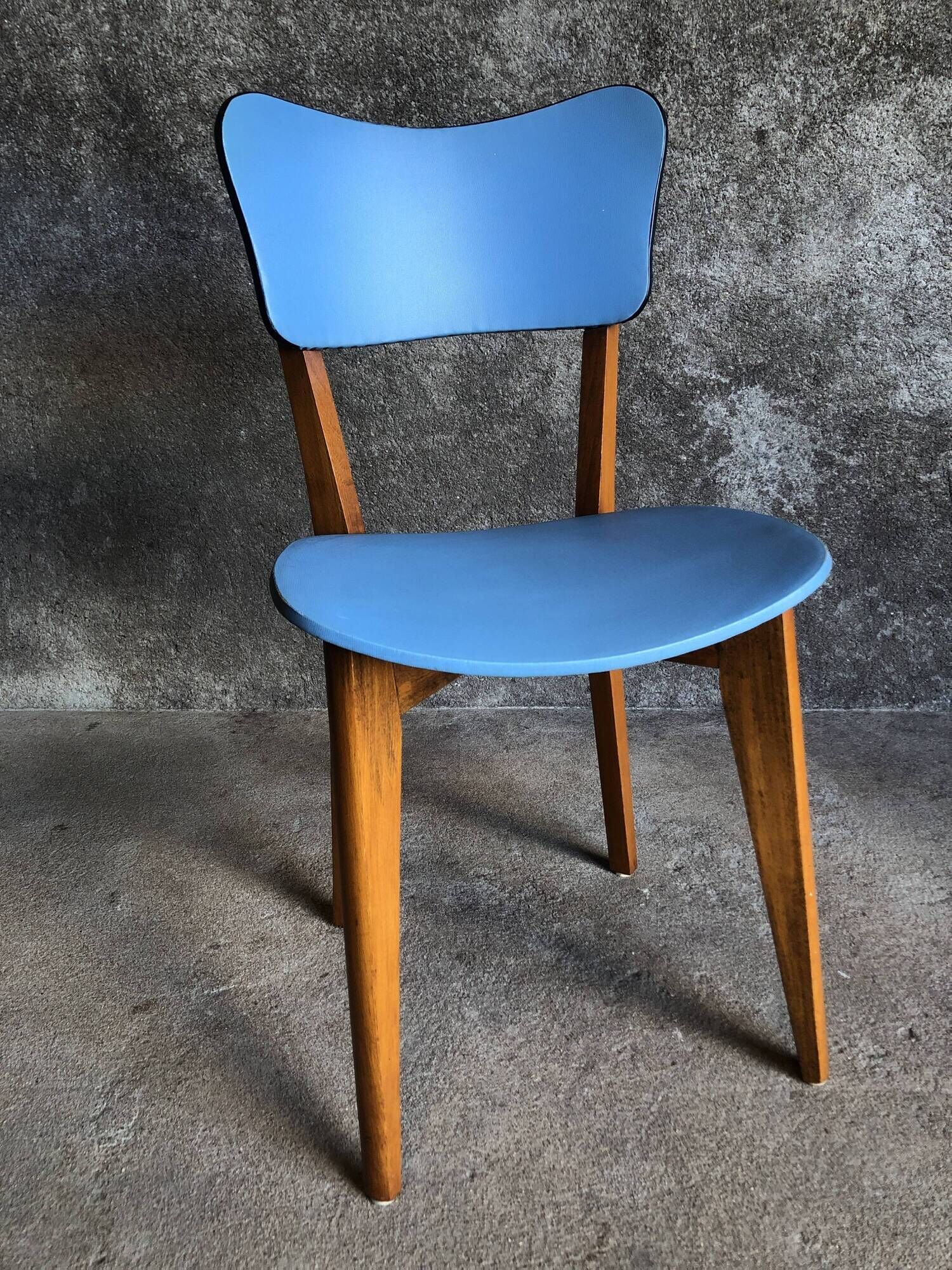Pair of vintage bistro chairs in wood and light blue vinyl