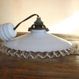 white opaline pendant light with transparent serrated edges from the 50s