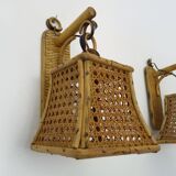 Pair of rattan and cane lantern wall lights. 1950s-1960s
