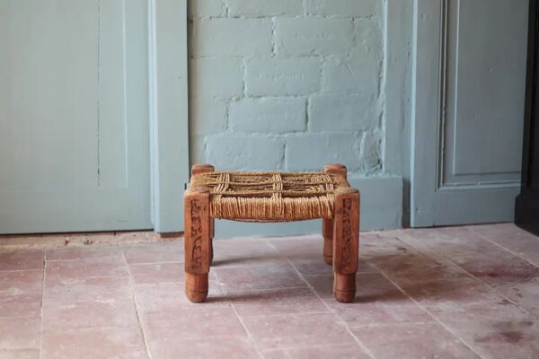 Tabouret vintage, tabouret bois avec cordes, tabouret bas, tabouret ethnique, décoration intérieur, stool