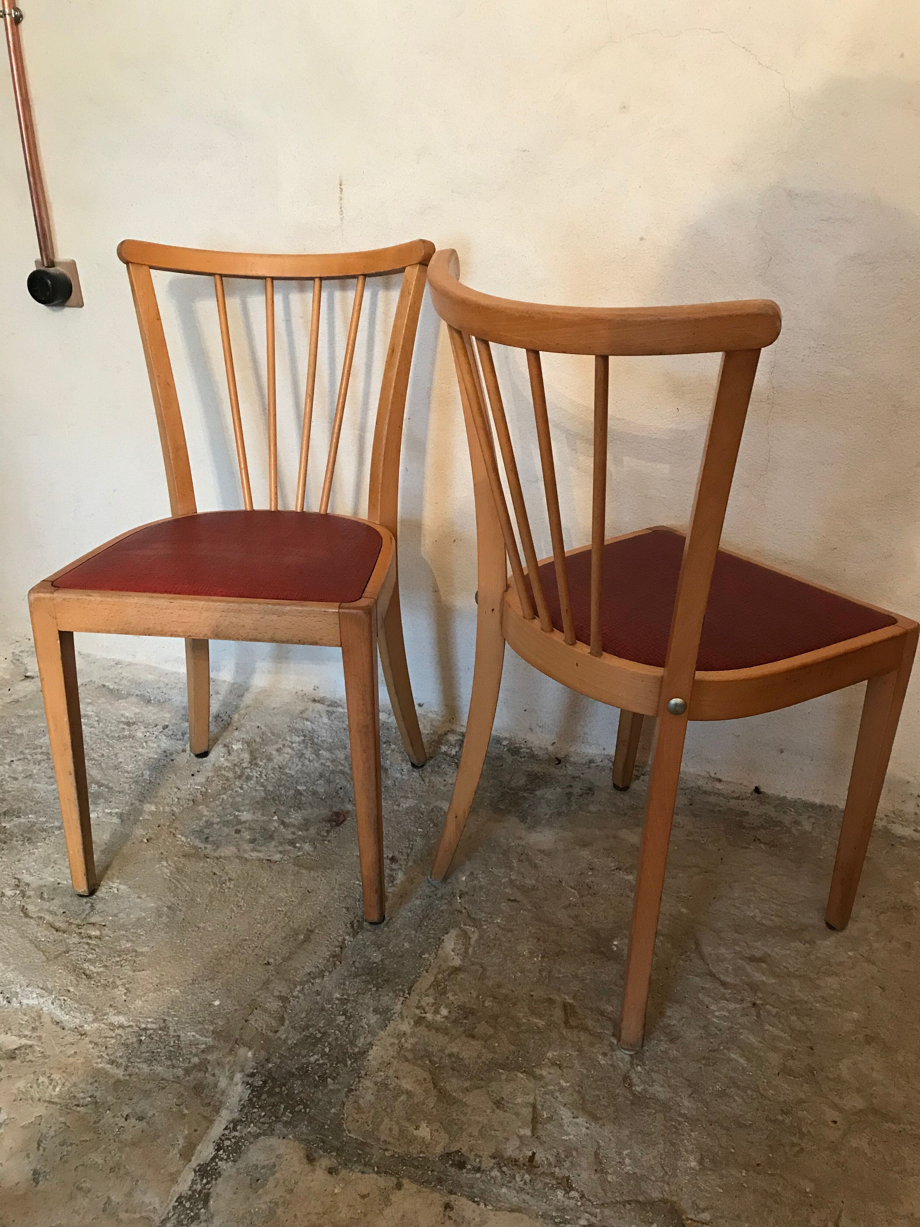 Pair of vintage bistro chairs 1960's blond wood and skaï