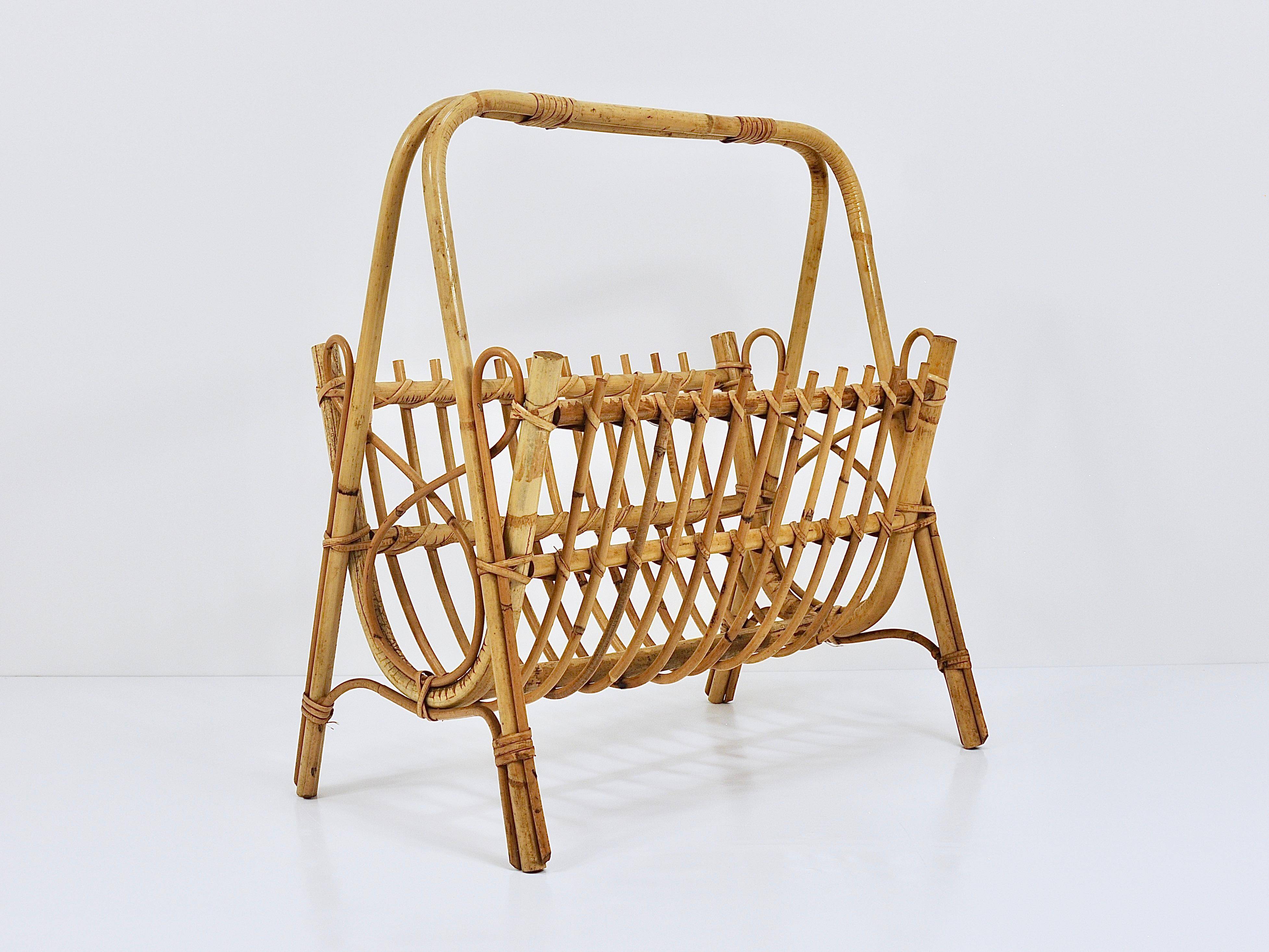 Bamboo and rattan magazine rack in the style of Franco Albini, Italy, 1950s.