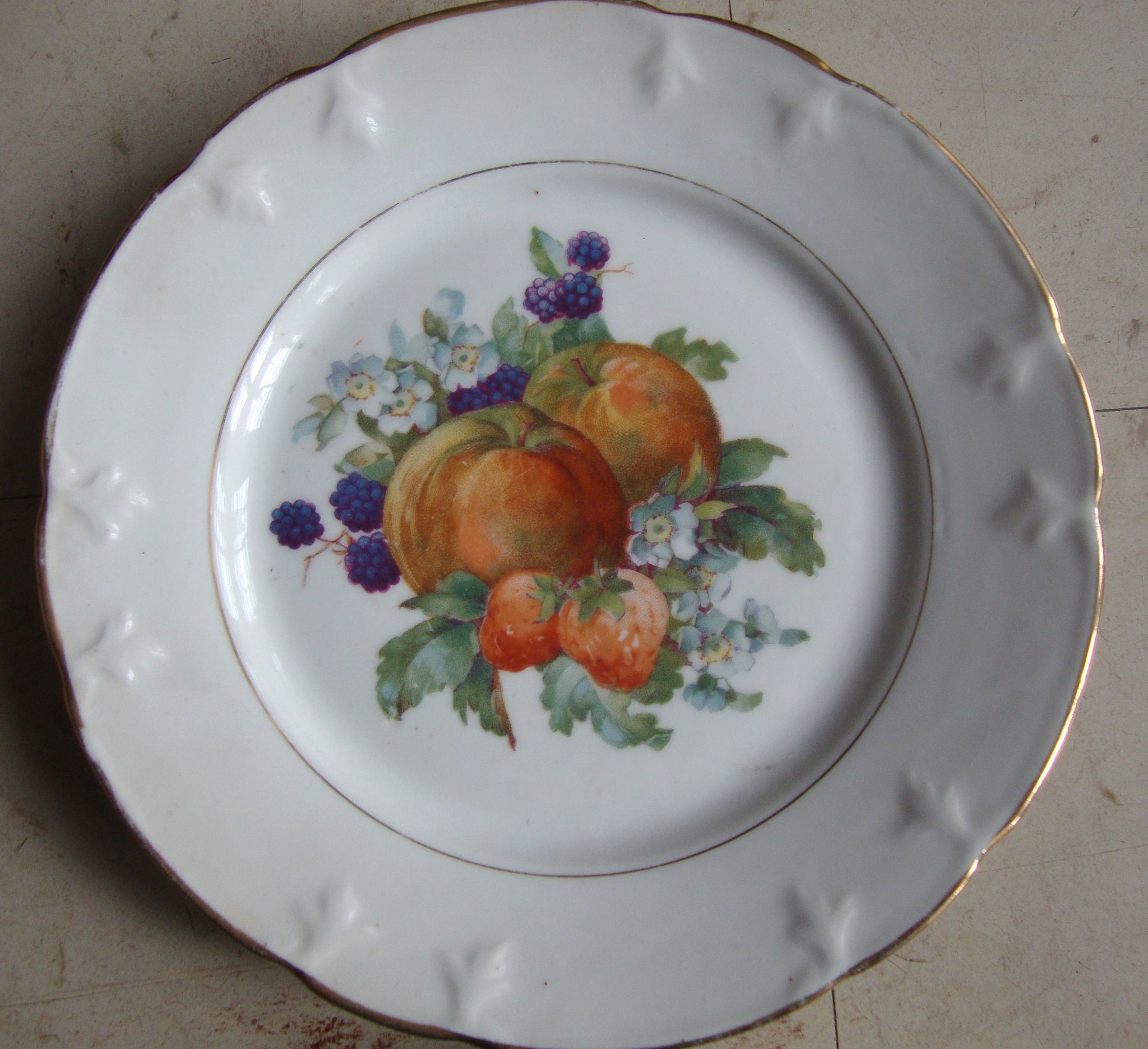 Set of 5 antique Limoges porcelain plates L.J.V with fruit decoration