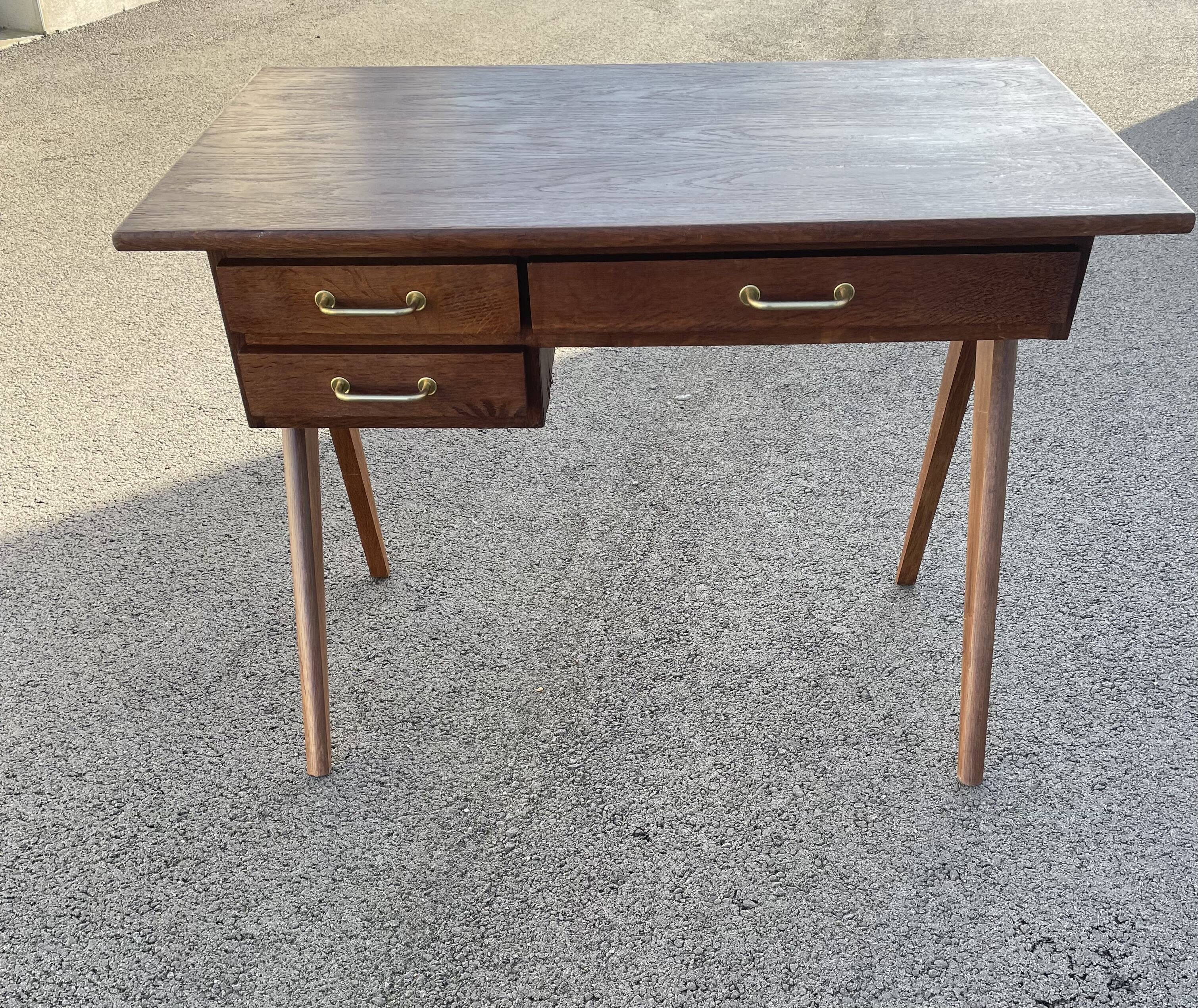 Modernist wooden desk with compass feet 1950