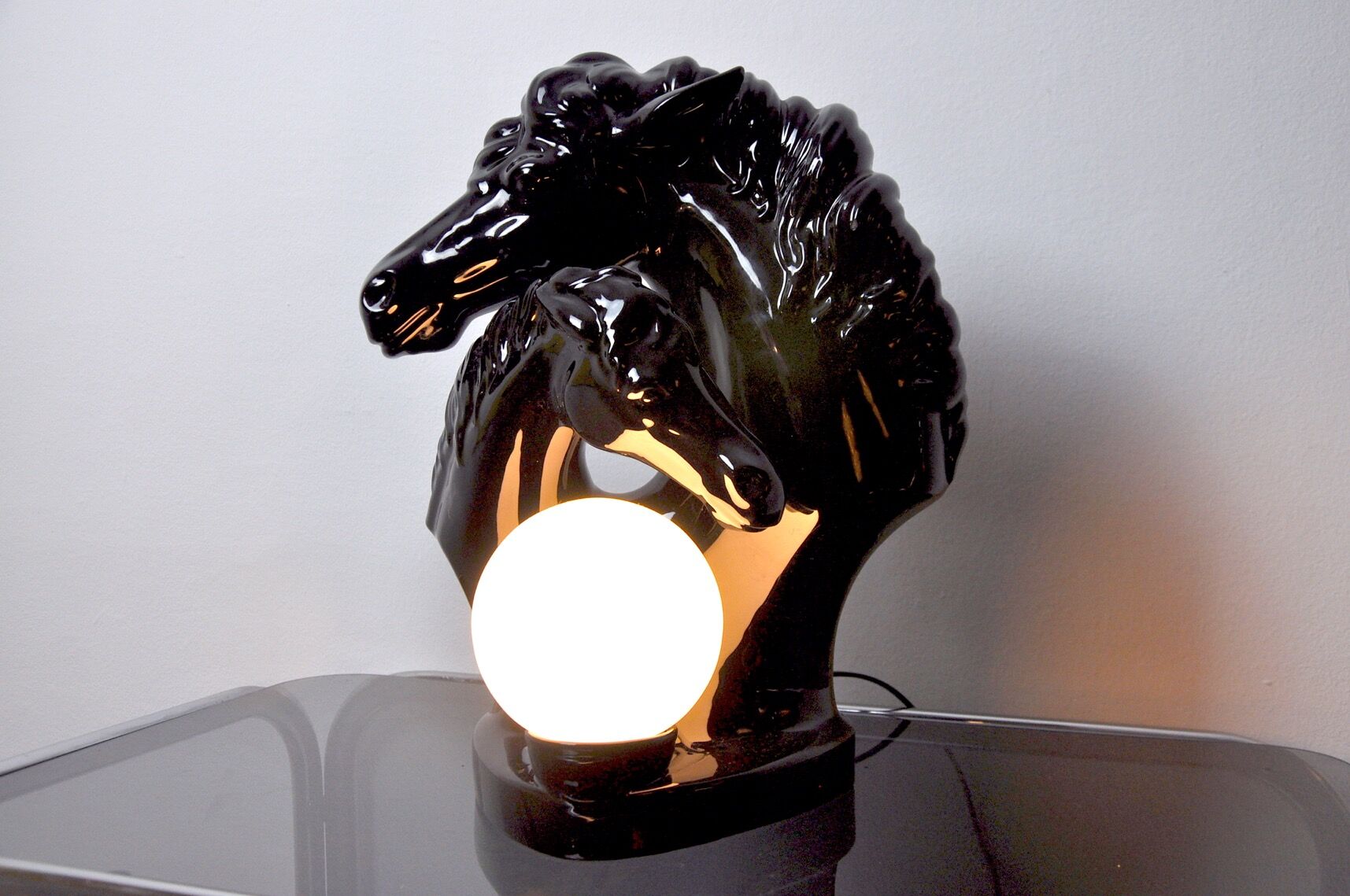 Black ceramic regency "Chevaux" lamp, France, 1980