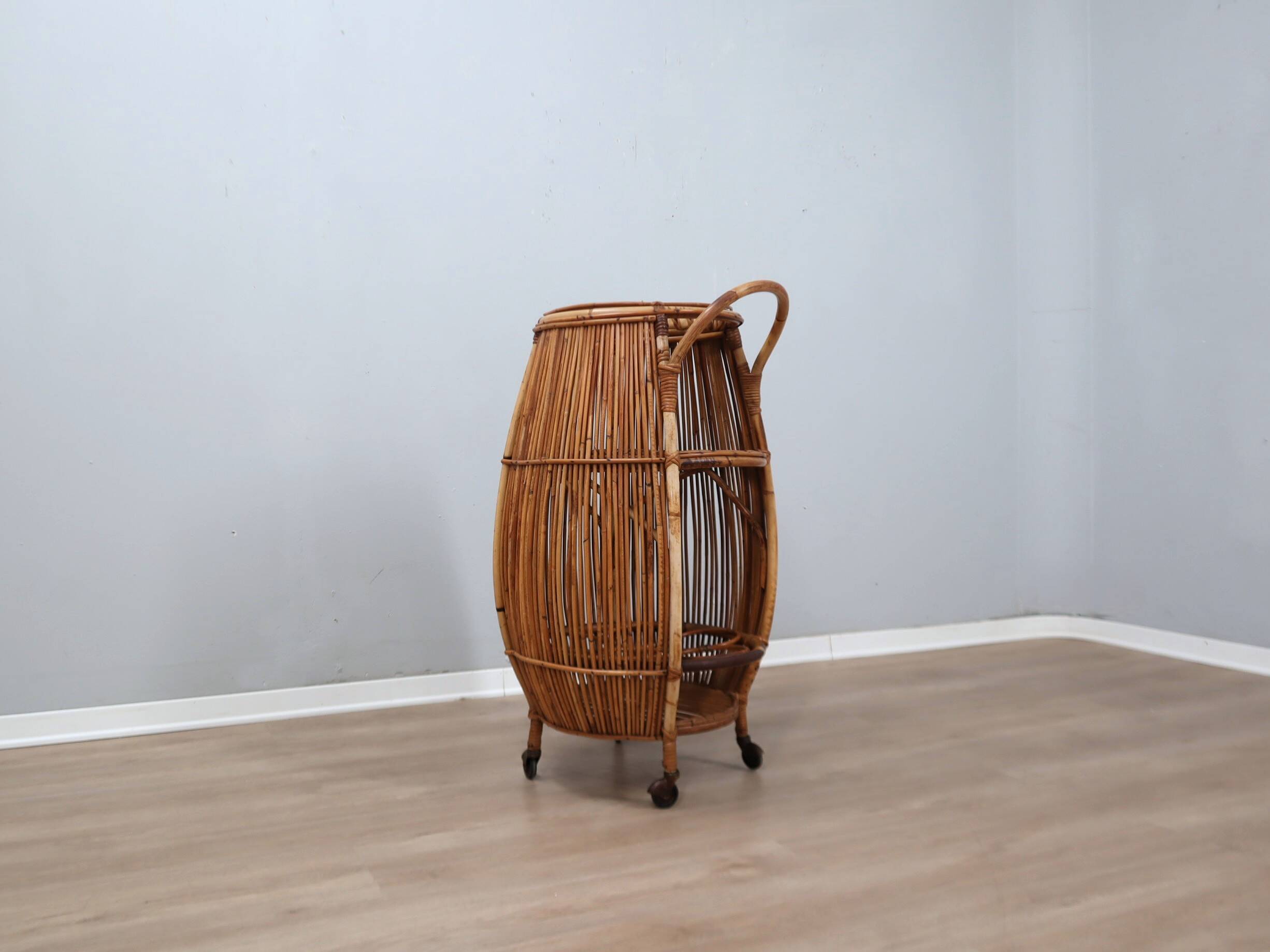 1960s Italian mid-century modern rattan barrel bar cart