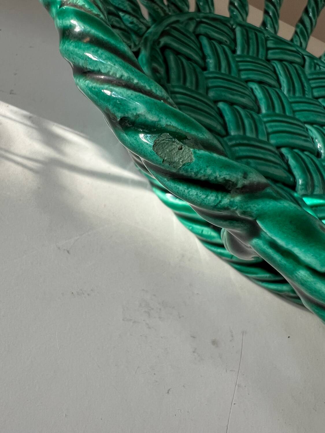 Green woven ceramic fruit basket in the Vallauris style, Malicorne E T