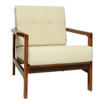 Fauteuil danois moderne bouclé beige teck Couleur bois 1965 design par Z. Bączyk Fauteuil de salon moderne du milieu du siècle Style scandinave design intemporel