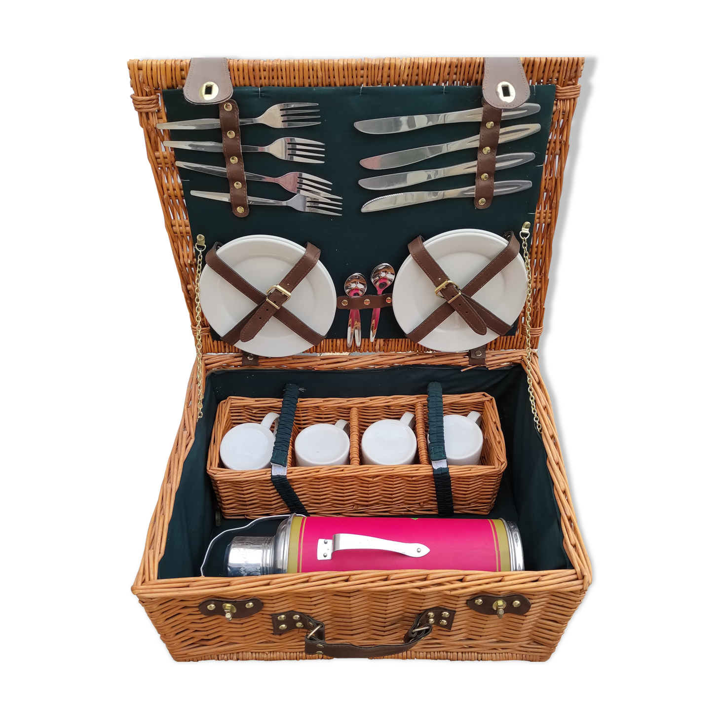 Picnic basket with white porcelain crockery