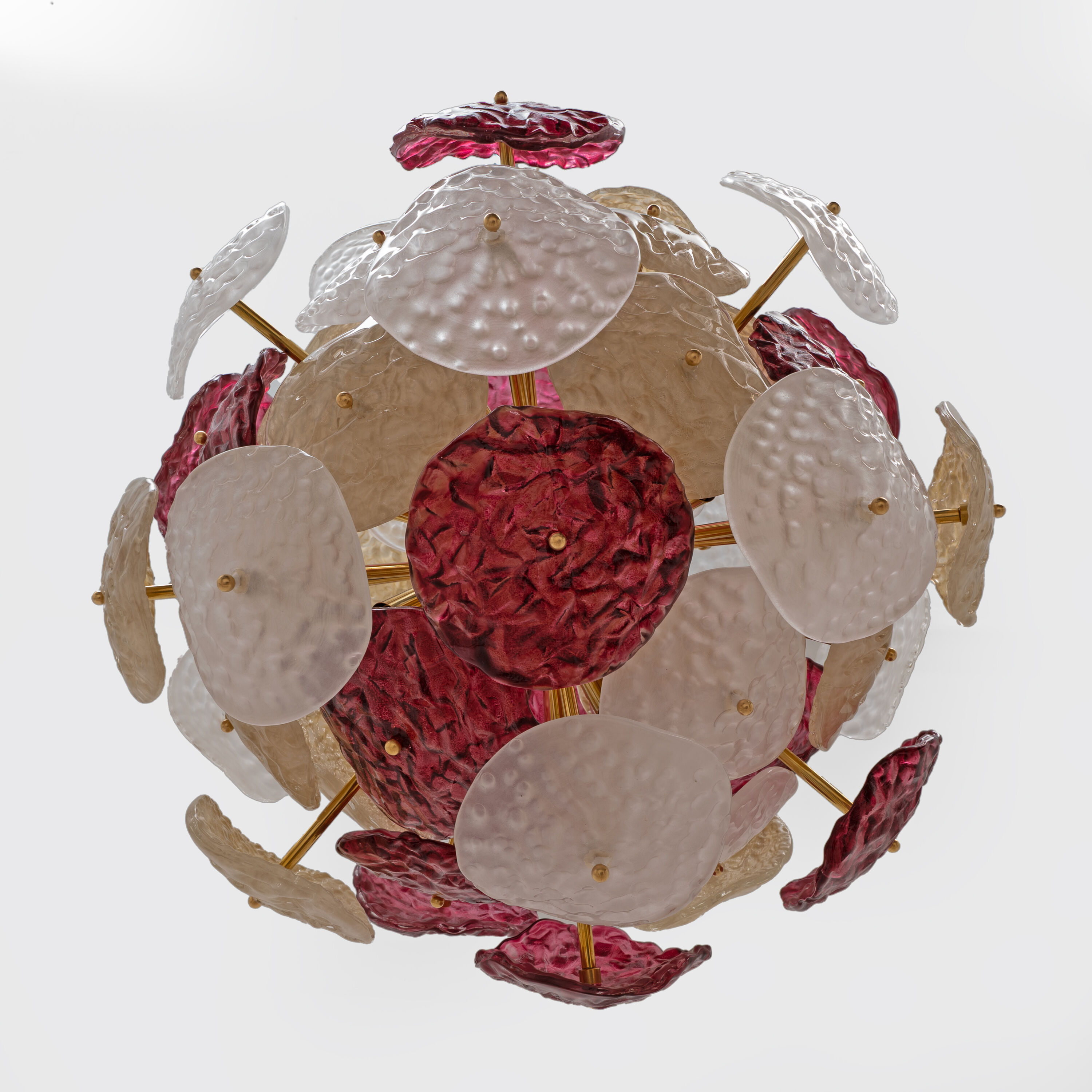 Murano Glass and Brass Sputnik Chandelier Cherry Red, White and Champagne
