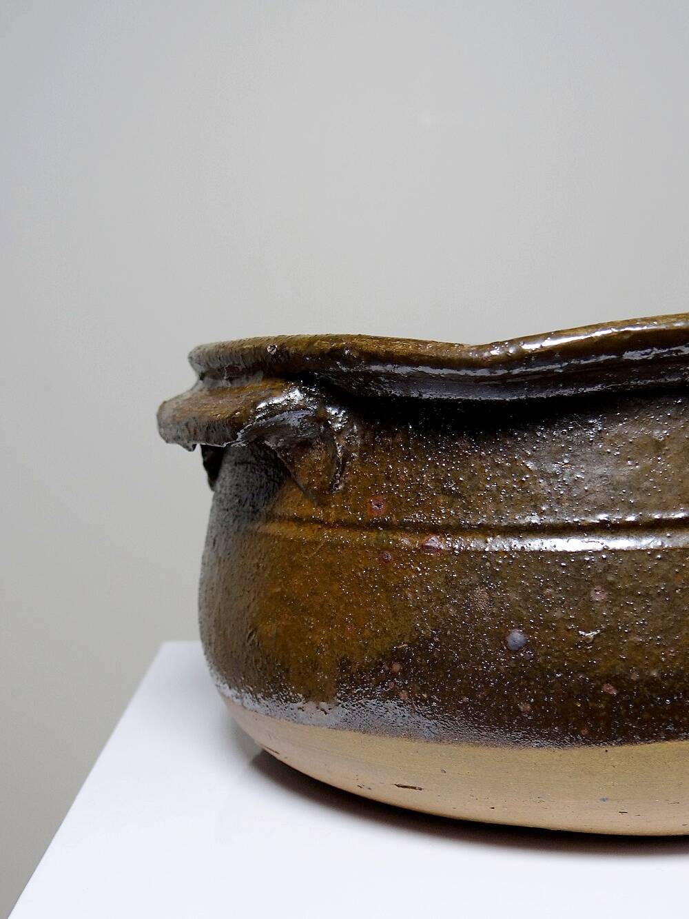 Antique 20th century enamelled Puisaye stoneware pot/bowl with ears