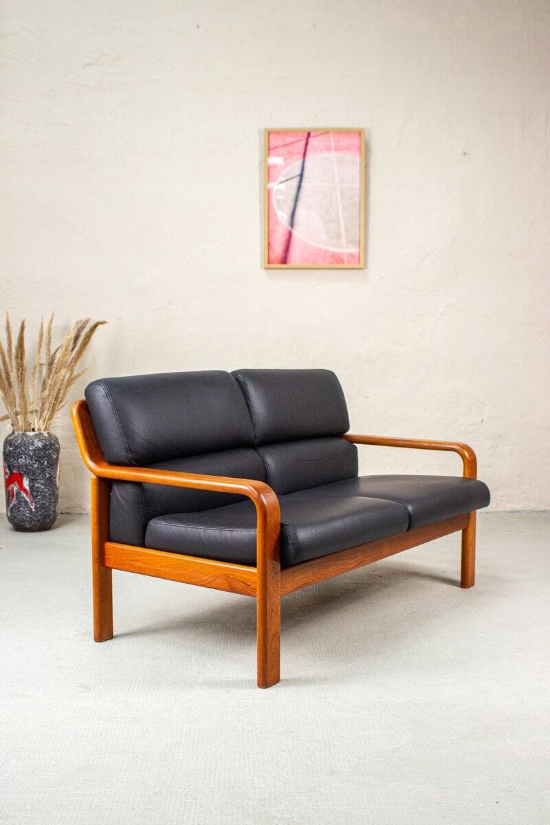 Vintage Two-Seater Teak and Leather Sofa by Olsen & Laursen, 1980s