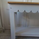 Console with pearl grey patinated base, oak top.