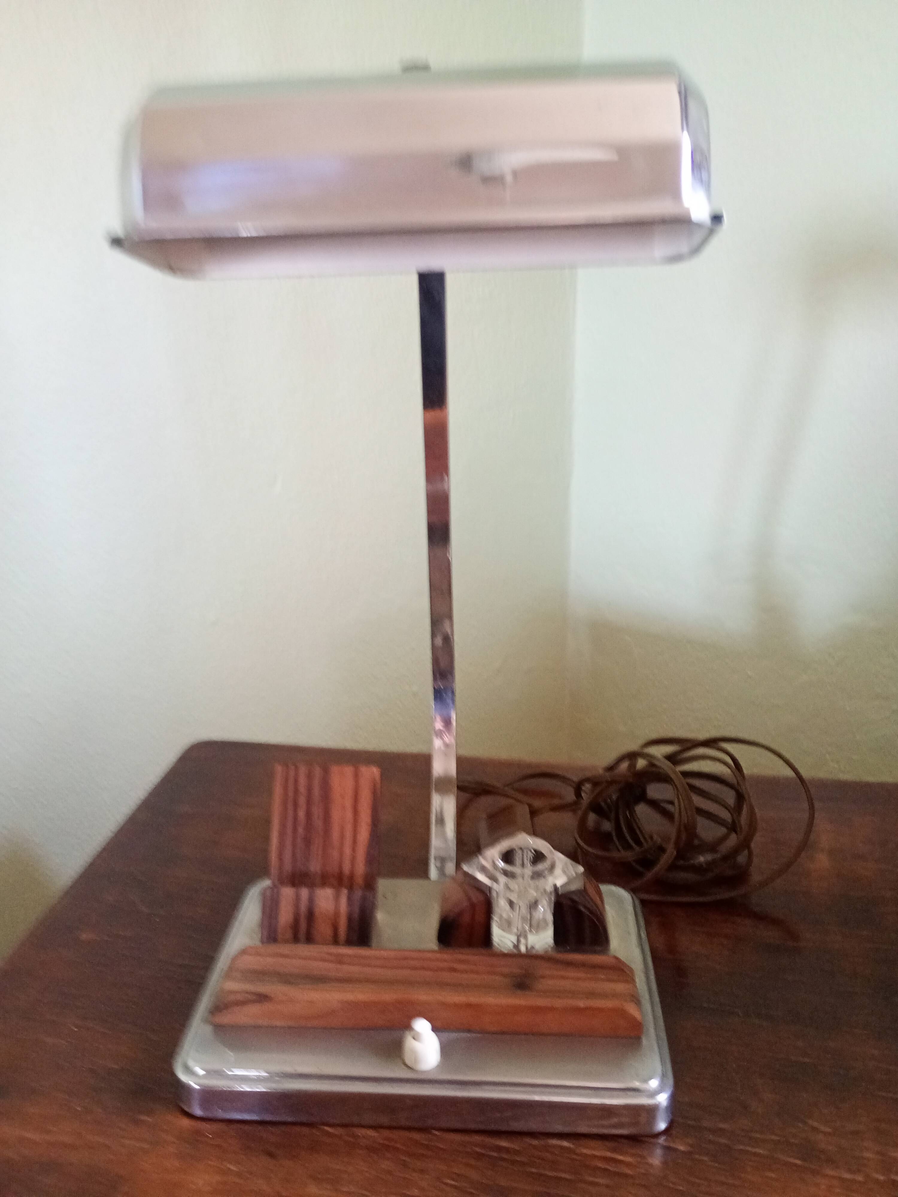 Vintage desk lamp - chrome steel + inkwell + card holder and rosewood pen