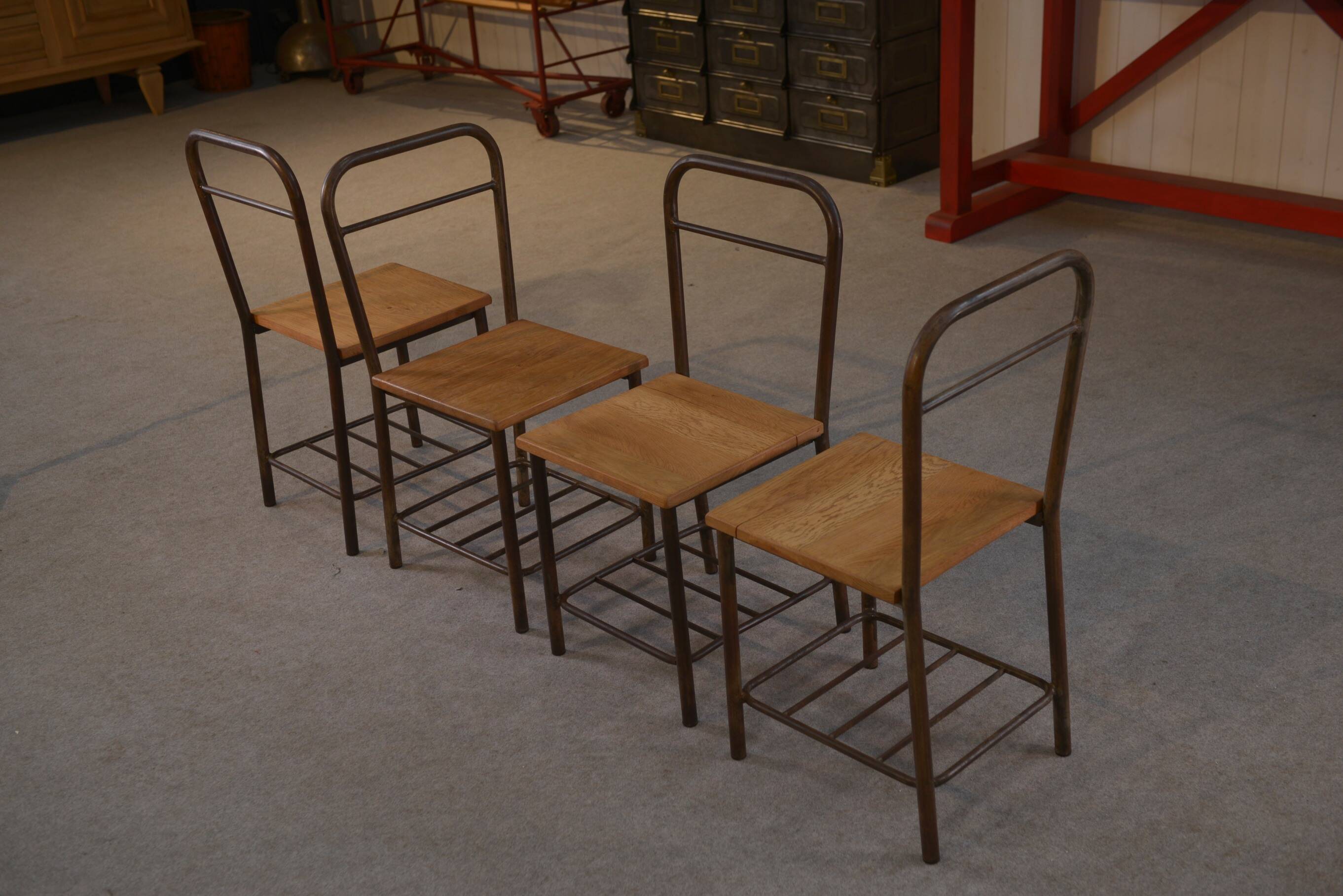 Set of 4 industrial oak chairs, 1950