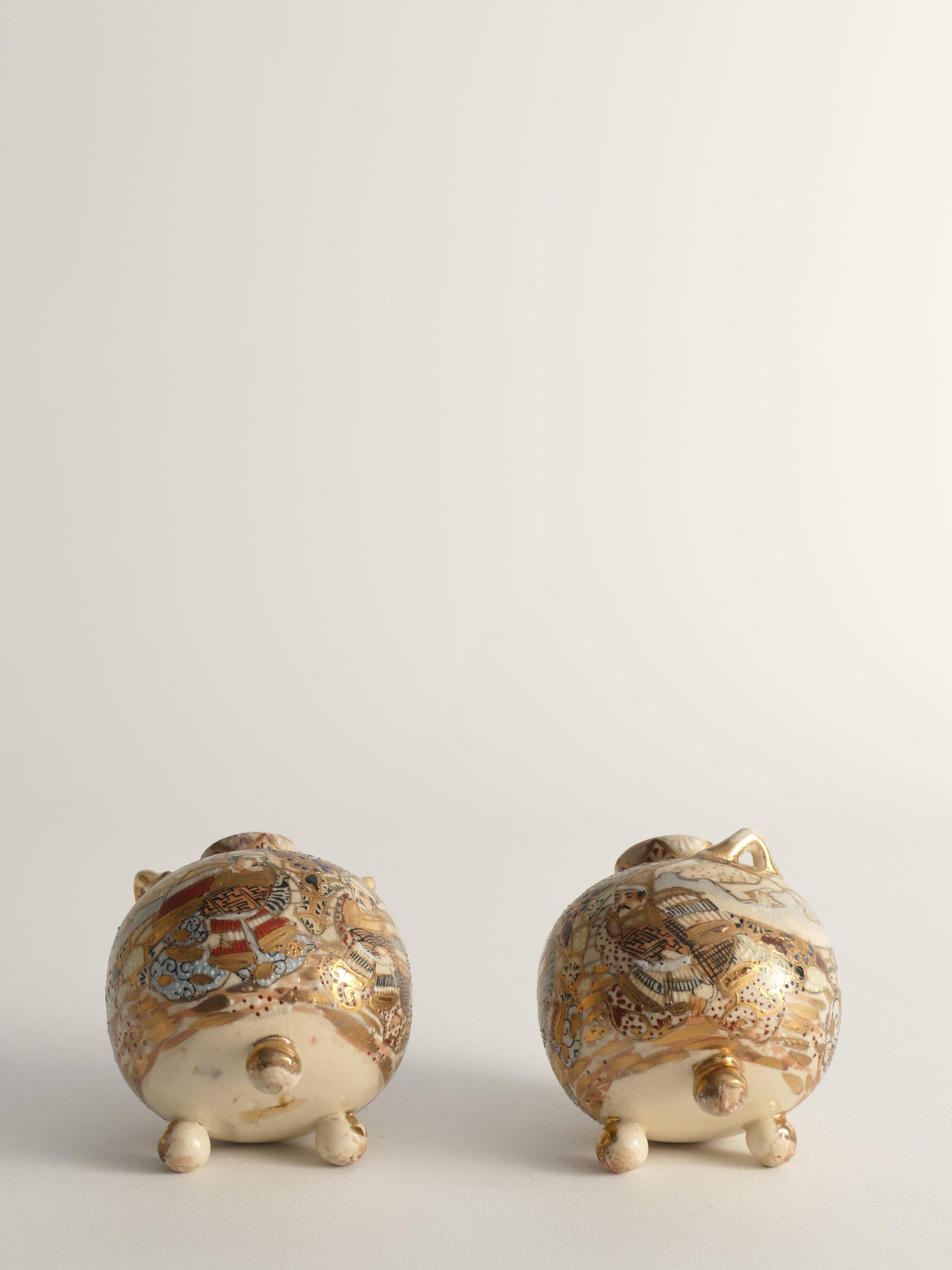 Satsuma Earthenware Vases, Hand-Painted Polychrome, Japan, Set of 2