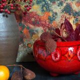 Vase tripode céramique à l'émail rouge vif vintage