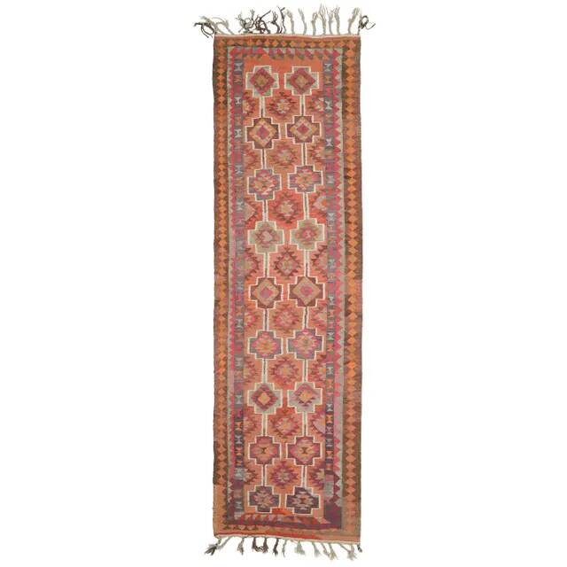 1970s Vintage Turkish Hand-Knotted Wool Cotton Orange Runner Rug 104x365