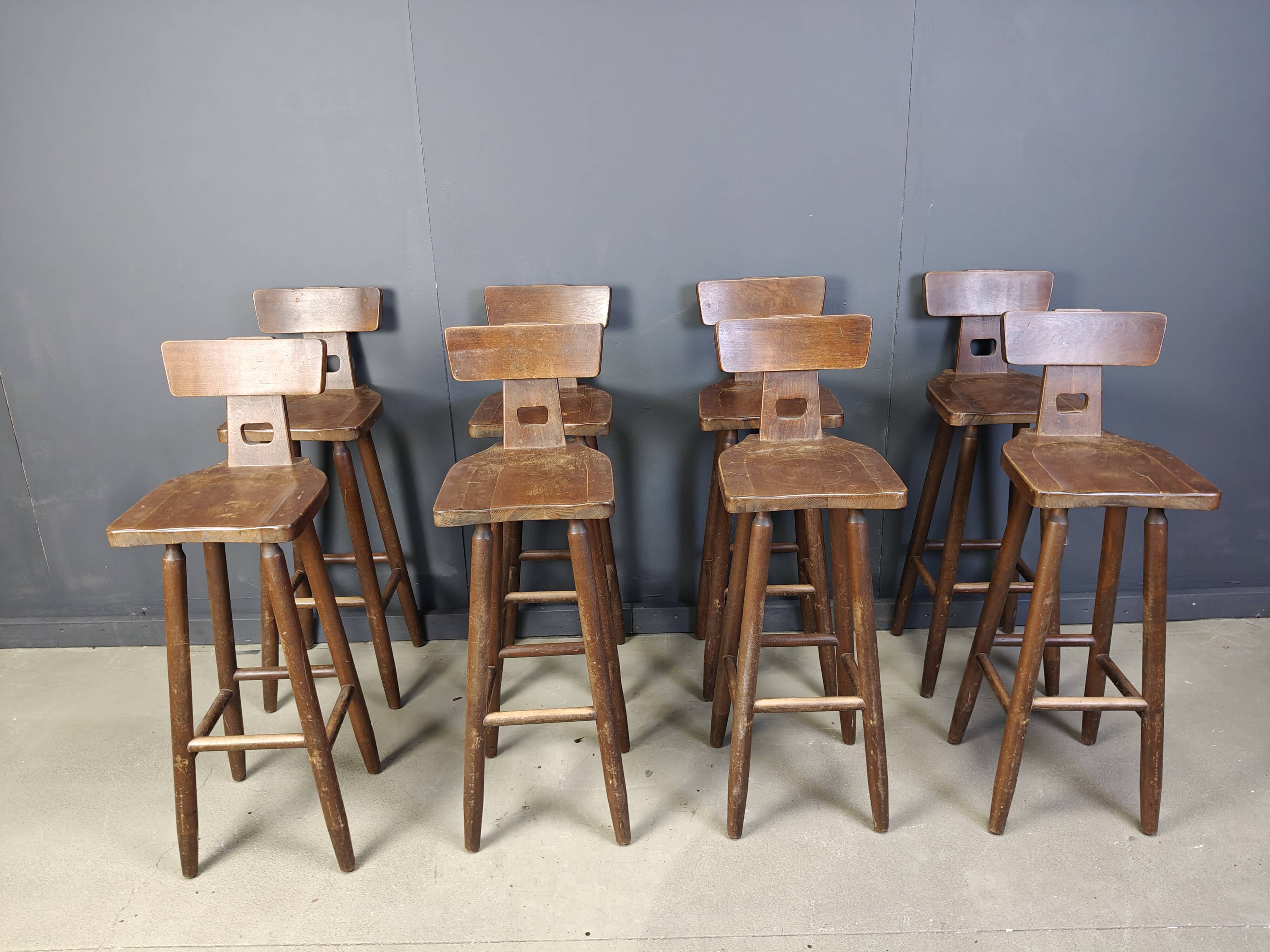 Set of 8 vintage brutalist bar stools, 1960s