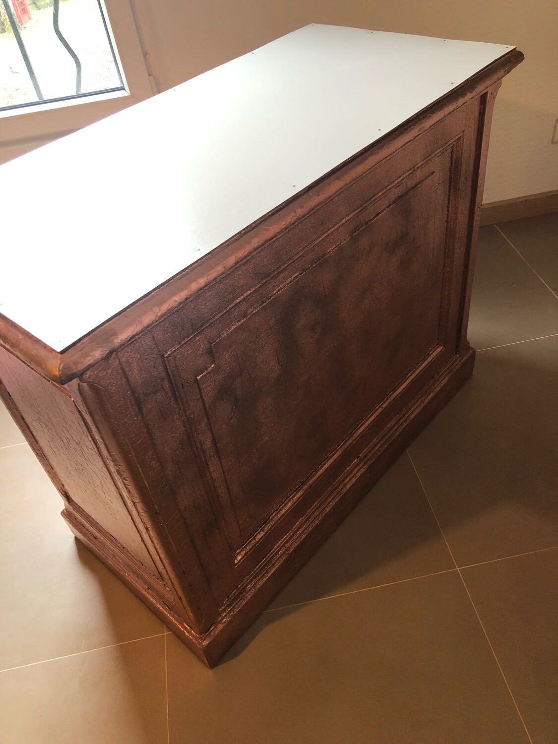 Old chest of drawers restored golden copper color