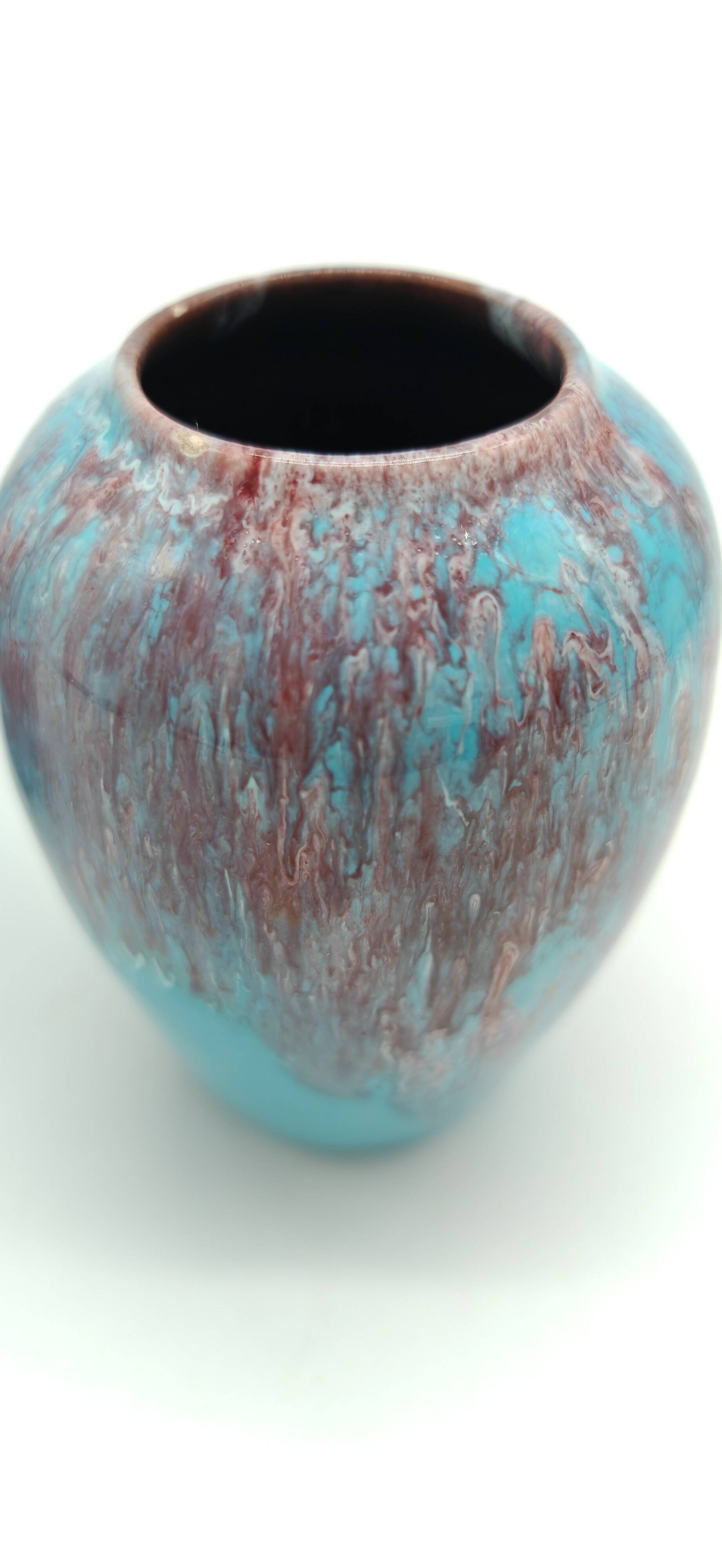 Pair of small turquoise blue vases in flamed stoneware with wine