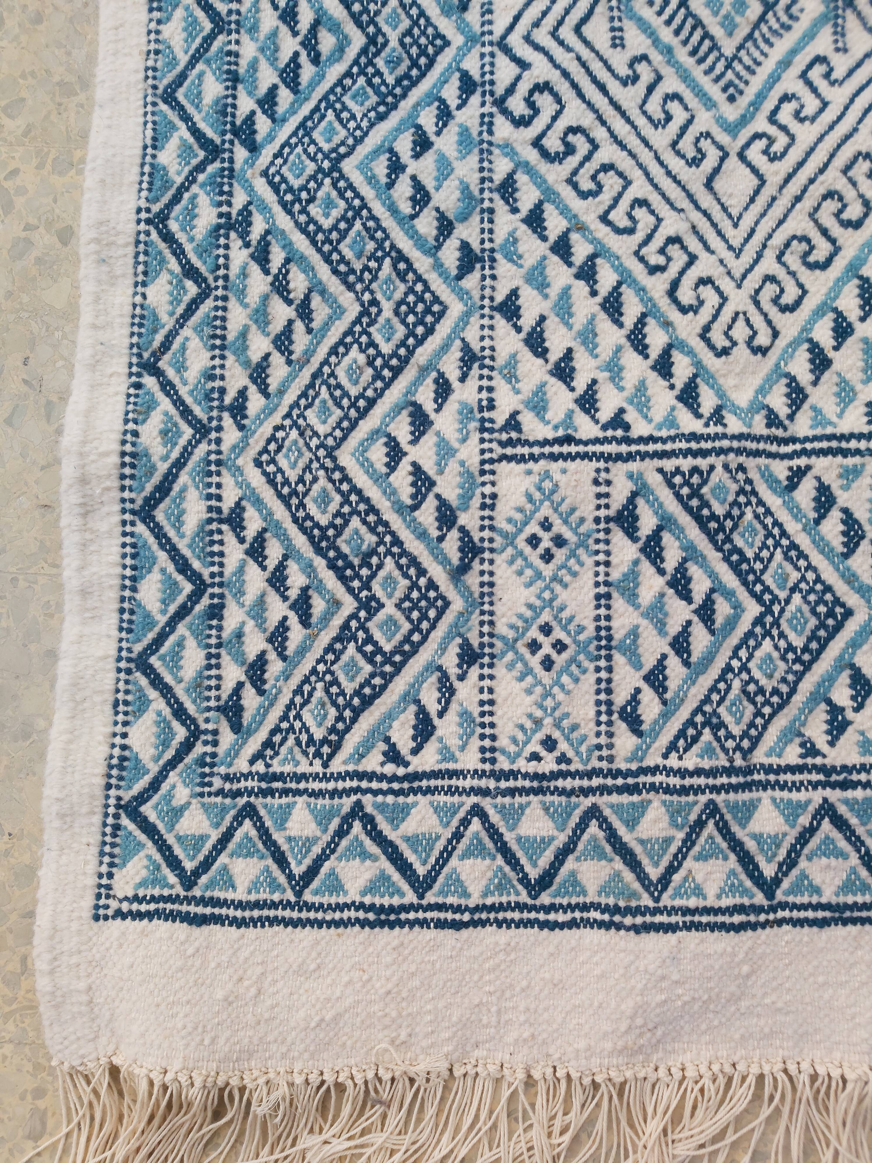 Traditional handmade white and blue margoum rug
