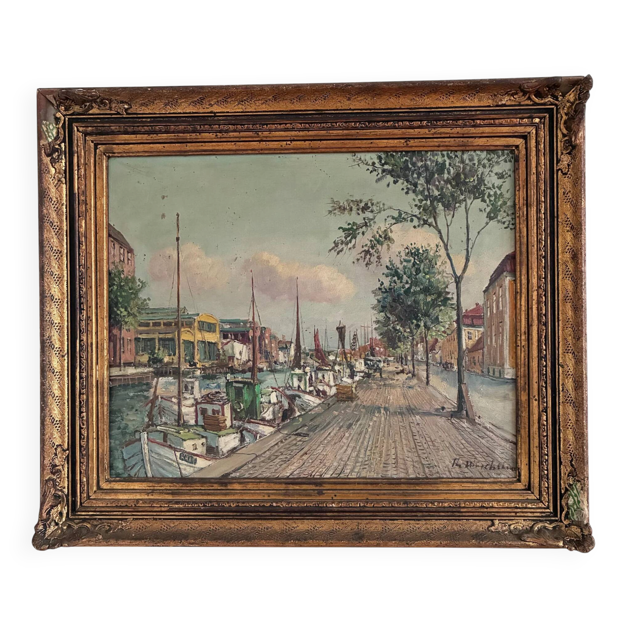 Vintage original Scandinavian harbor oil painting