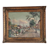 Vintage original Scandinavian harbor oil painting