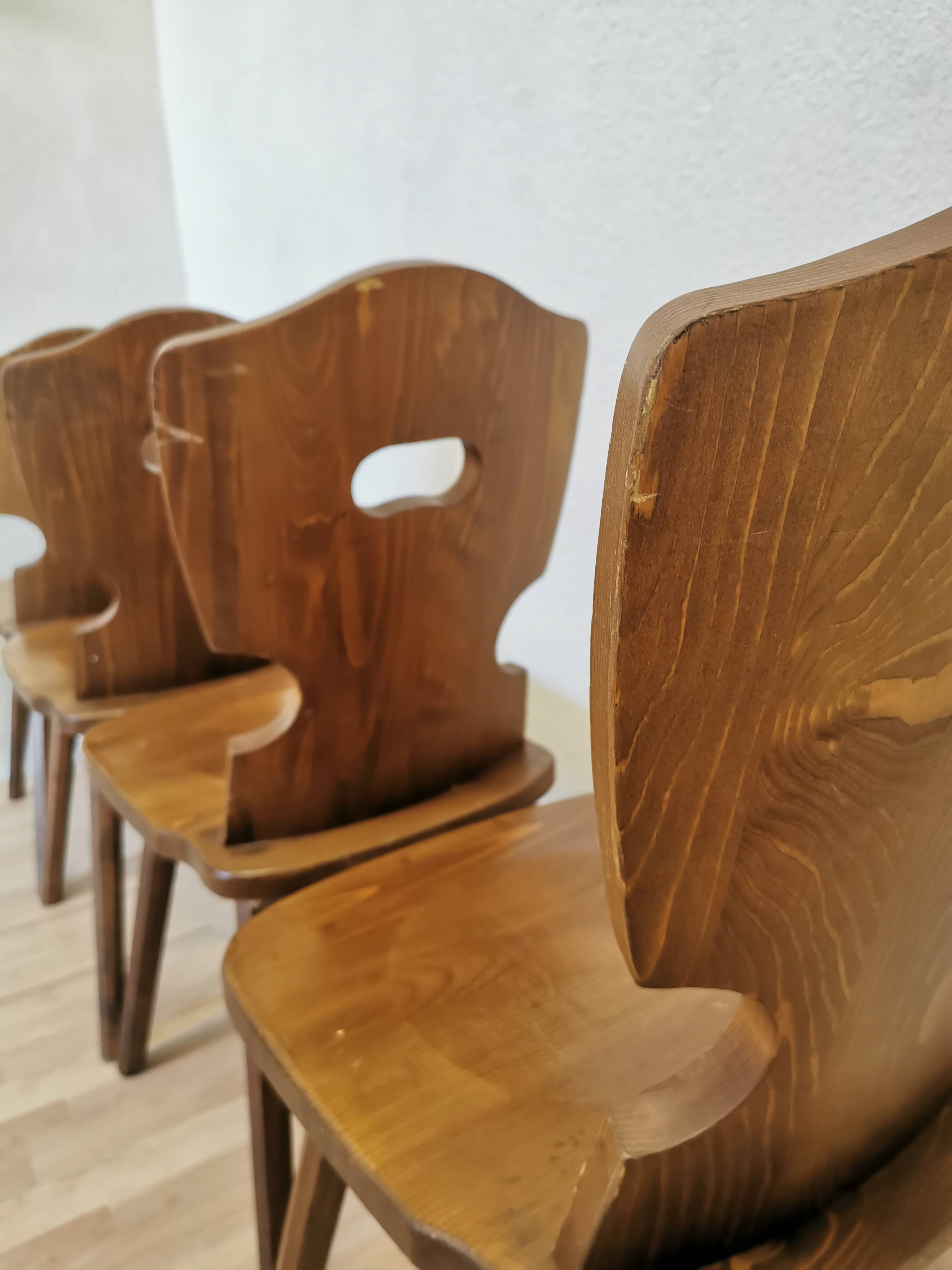 Vintage Tyrolean Wooden Dining Chairs - 1970s Farmhouse Style - Set of 4