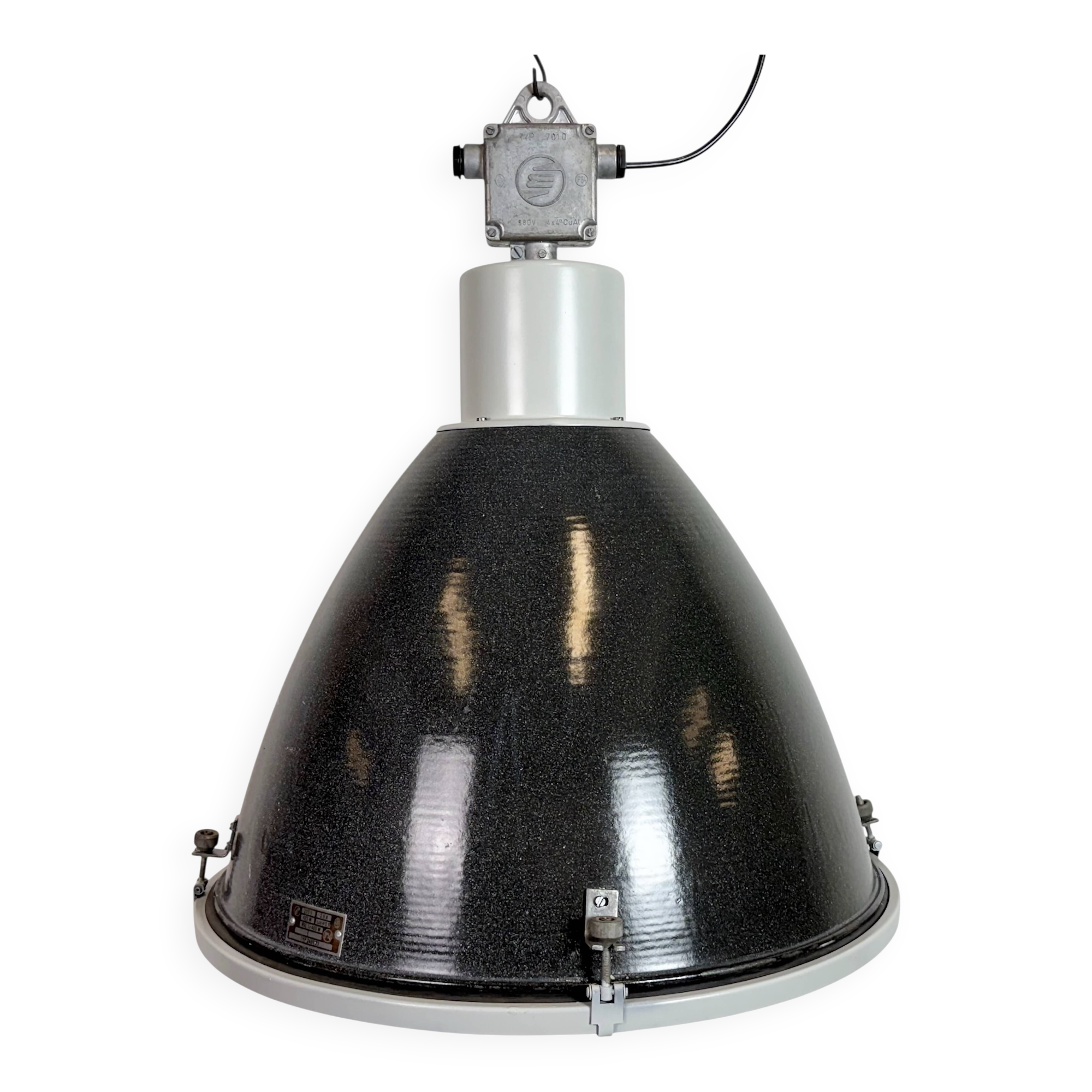 Large Industrial Enamel Factory Pendant Lamp with Glass Cover, 1960s