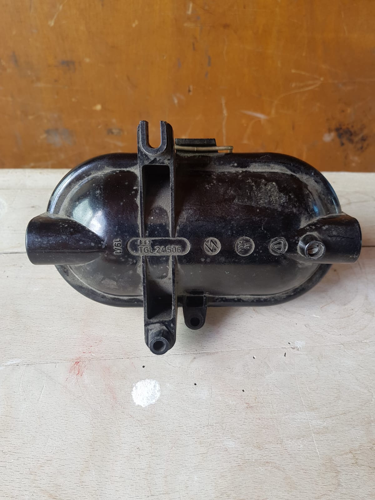 Antique exterior wall light moulded glass & metal grille & black bakelite support