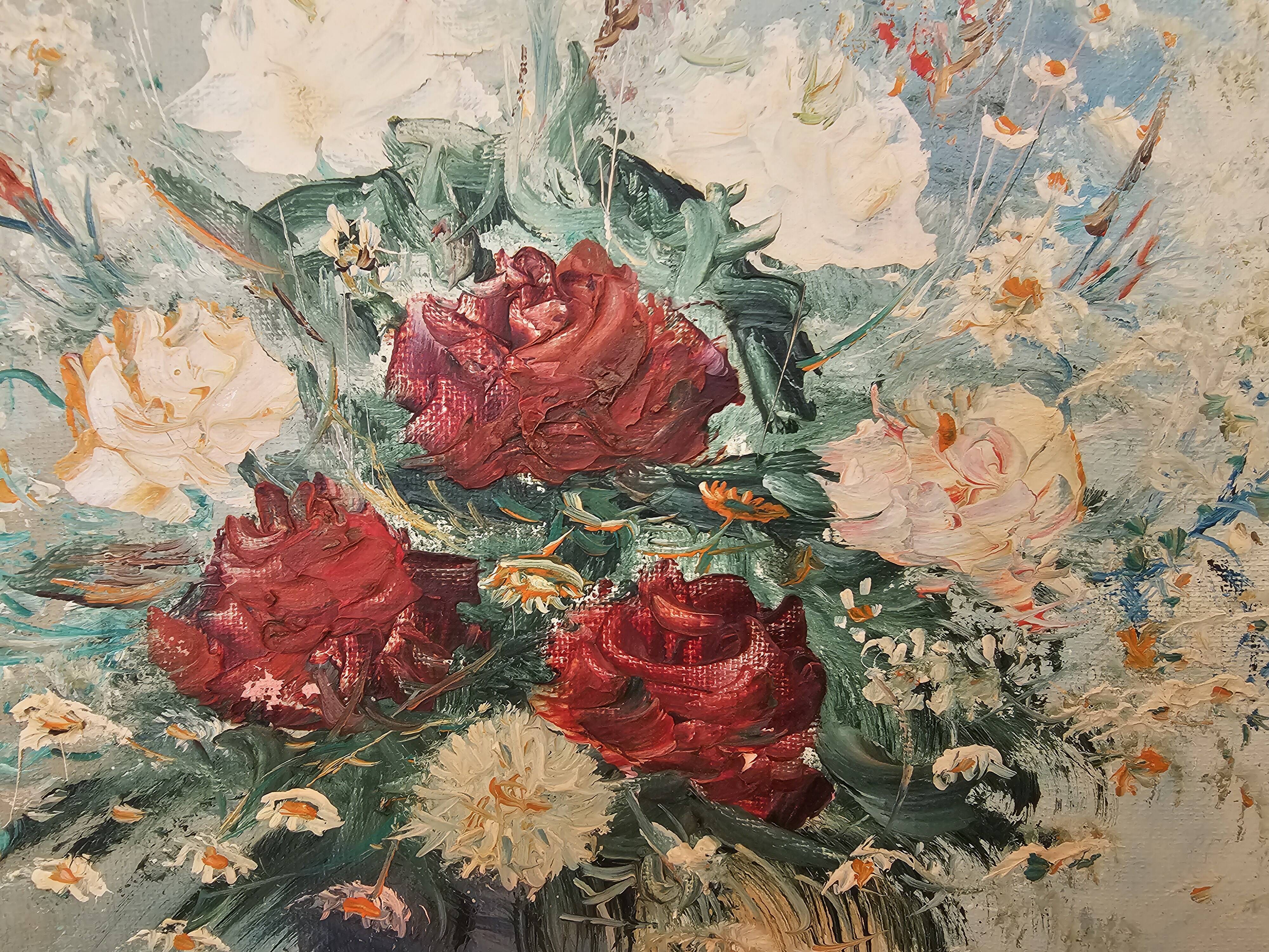 Oil painting on canvas, Bouquets of roses and tulips, signed Hire