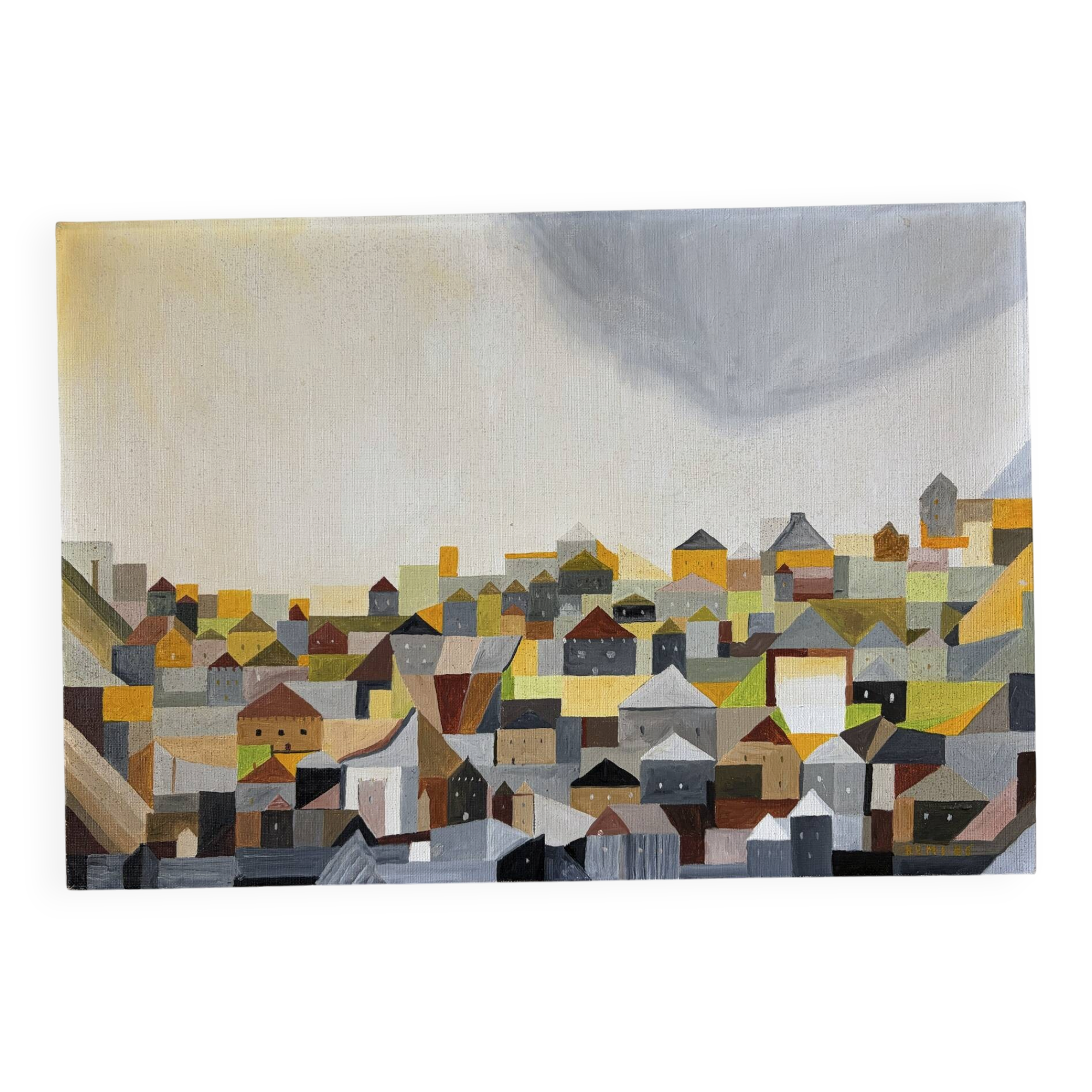 Cubist city, oil on canvas signed Remi 1986