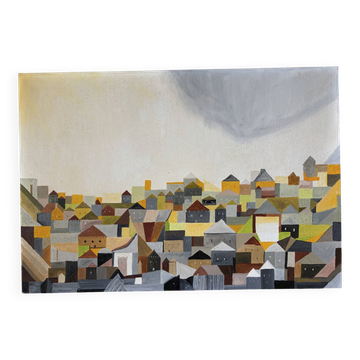 Cubist city, oil on canvas signed Remi 1986