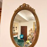 Antique Oval Round Golden Mirror in Wood Louis XVI Style Rocaille Pediment