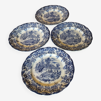 4 assiettes plates style anglais bleu & blanc