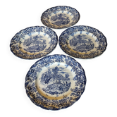 4 blue & white English style dinner plates