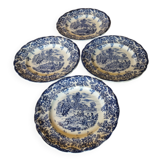 4 blue & white English style dinner plates