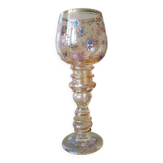 Roemer wine glass in blown enamelled glass, 19th century