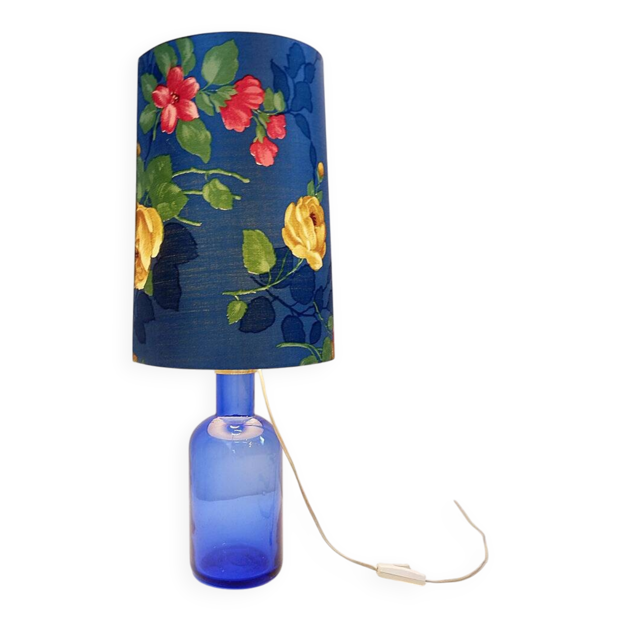 Lampe de table en verre bleu avec abat-jour à fleurs d'origine - années 1960