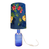 Lampe de table en verre bleu avec abat-jour à fleurs d'origine - années 1960