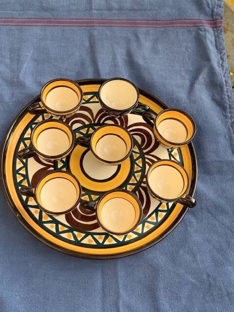 Tray, plate and 8 liqueur cups in ceramic from St Jean de Bretagne vintage 1950/60