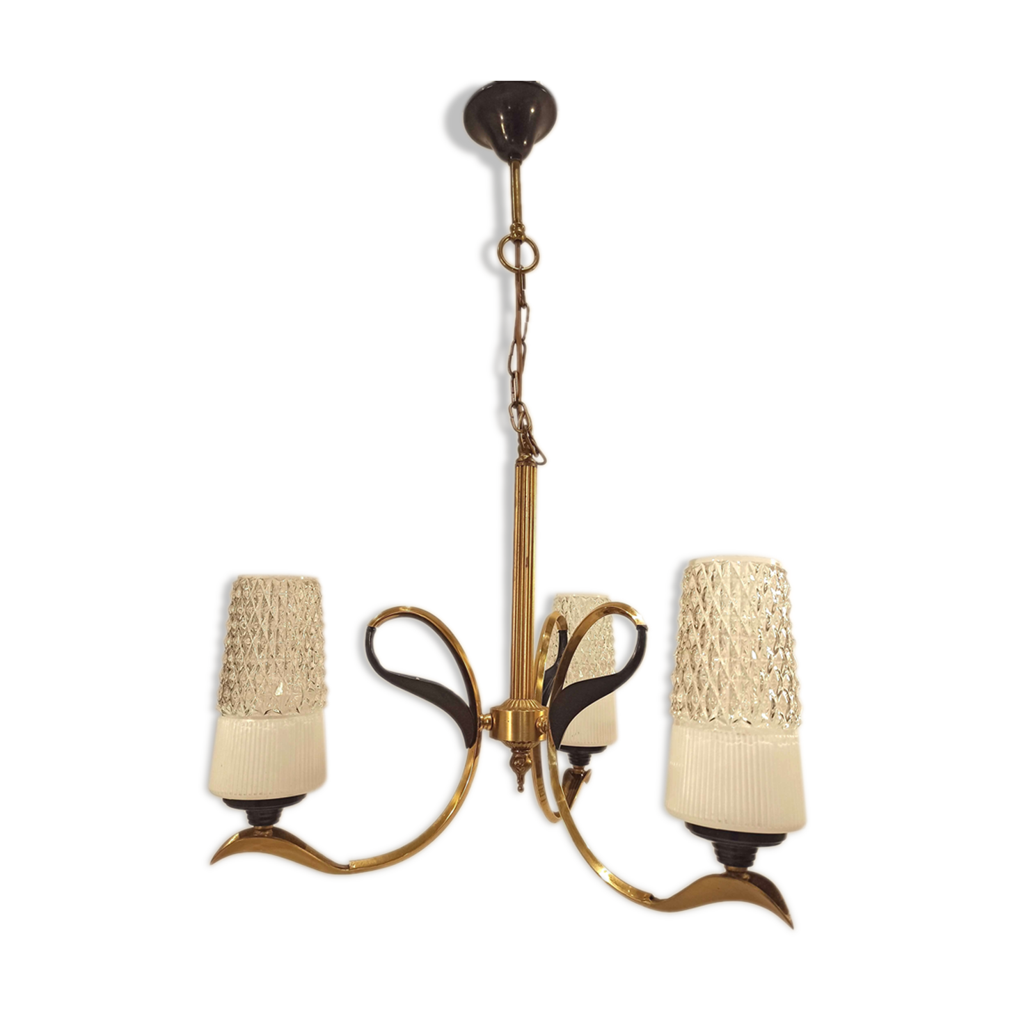 Vintage chandelier 3 burners brass gilded globes opaline glass white striated