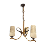 Vintage chandelier 3 burners brass gilded globes opaline glass white striated